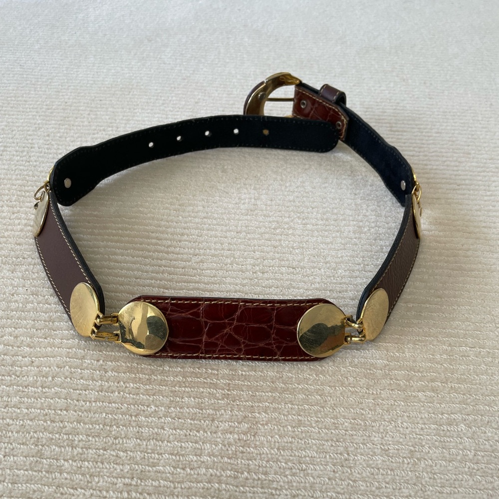 Women's Brown Leather Belt with Gold-Tone Accents - Picture 4 of 12